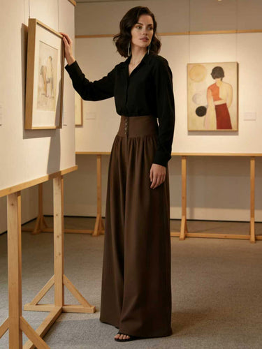 Elasticated Waist High Waisted Buttoned Pleated Pockets Solid Color Split-Joint Pants