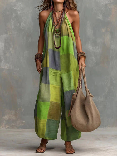 1783453 Loose Sleeveless Contrast Color Plaid Halter-Neck Jumpsuits