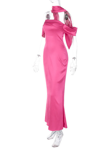1484104 Sleeveless Solid Color Zipper Off-the-shoulder Maxi Dresses