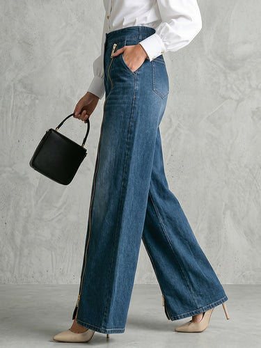 1784570 High Waisted Wide Leg Buttoned Pockets Zipper Jean Pants Bottoms