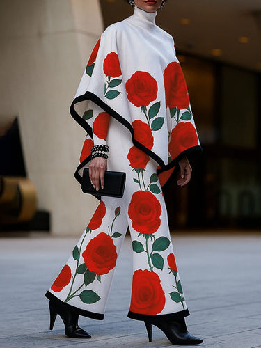 Long Sleeves Loose Flower Print High Neck 1 Piece Cape