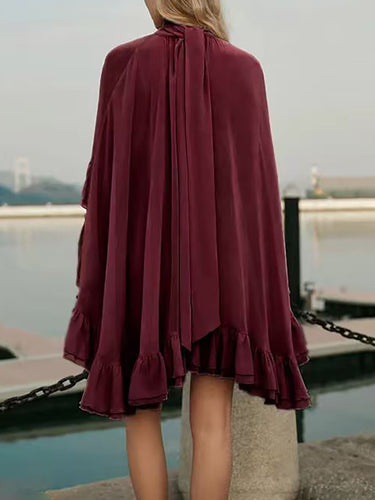 1755961 High Waisted Sleeveless Pleated Ruffled Solid Color Split-Joint Tied Mock Neck Mini Dresses Two Pieces Set