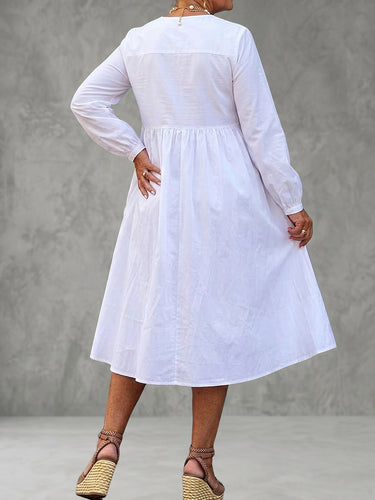 1777692 A-Line Long Sleeves Contrast Color Flower Print Pleated V-Neck Midi Dresses Shirt Dress