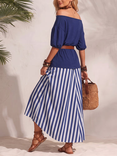 1785767 Half Sleeves Solid Color Off-The-Shoulder T-Shirts Tops + Belted Contrast Color A-Line Striped Skirts Bottoms Two Pieces Set