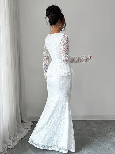 1721797 Bodycon Long Sleeves Flower Print Ruffled See-Through Solid Color Split-Joint Square-Neck Maxi Dresses