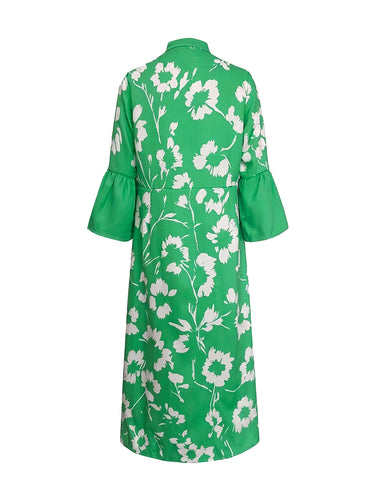 Flared Sleeves Loose Flower Print Pleated Pockets Split-Side V-Neck Maxi Dresses