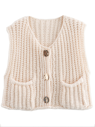 1783587 Sleeveless Buttoned Pockets Solid Color Cardigan Tops Knit Top