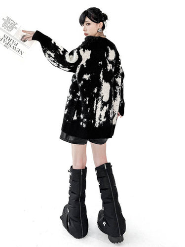 1720208 Long Sleeves Loose Abstract Printed Contrast Color Ribs Split-Joint V-Neck Sweater Tops