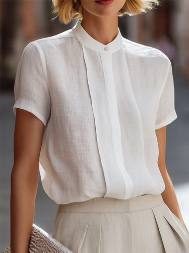 1786024 Loose Short Sleeves Buttoned Solid Color Split-Joint Round-Neck Blouses&Shirts Tops