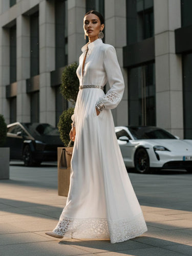 A-Line High Waisted Belted Buttoned Hollow Pleated Pockets Solid Color Split-Joint Stand Collar Maxi Dresses Shirt Dress
