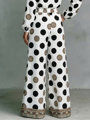 1780053 High Waisted Wide Leg Contrast Color Elasticity Pockets Polka Dot Printed Pants Trousers