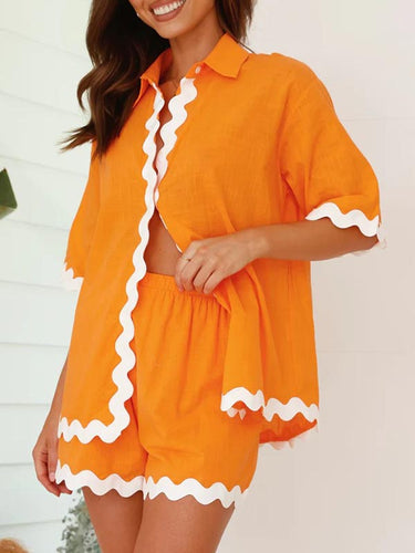1446860 Loose Contrast Color Shirts Tops & Shorts Two Pieces Set