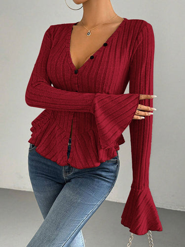 1737289 Flared Sleeves Long Sleeves Buttoned Ruffled Solid Color Split-Joint Deep V-Neck T-Shirts Tops