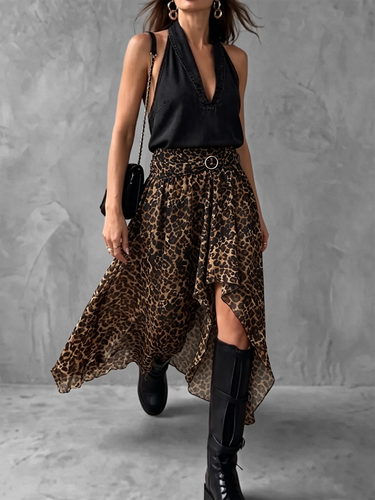 1782534 High Waisted High-Low Asymmetric Buckle Elasticity Leopard See-Through Split-Joint Skirts Bottoms
