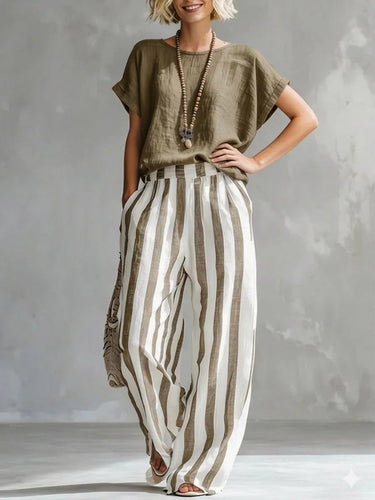 1768125 Plus Size Solid Color Round-Neck T-Shirts + Striped Pockets Contrast Color High Waisted Pants Trousers Two Pieces Set