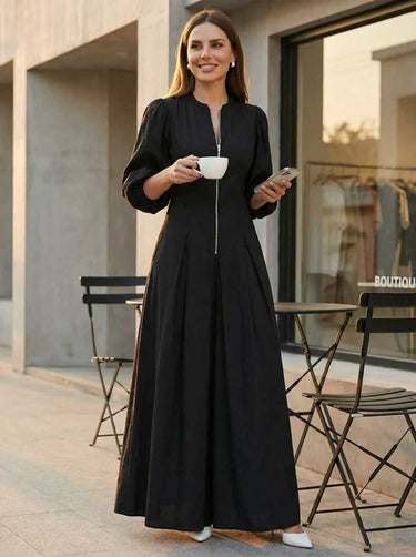 A-Line Elasticated Waist Pleated Solid Color Split-Joint Zipper Stand Collar Maxi Dresses