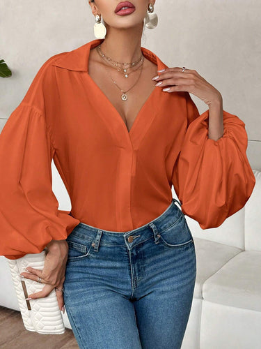 1780354 Long Sleeves Loose Pleated Solid Color Split-Joint Lapel Blouses&Shirts Tops
