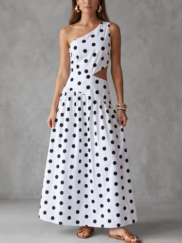 1788119 Split-Joint Polka Dot Contrast Color Backless Sleeveless Irregularity One-shoulder Maxi Dresses