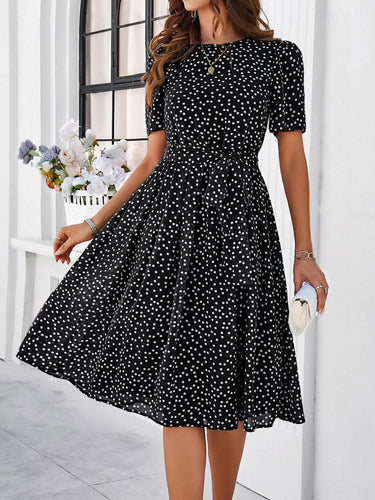 1746085 A-Line Elasticated Waist Contrast Color Polka Dot Split-Joint Tied Waist Round-Neck Midi Dresses