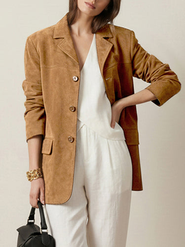 Long Sleeves Loose Buttoned Solid Color Split-Joint Notched Collar Blazer Outerwear