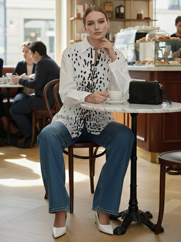 Blusas y camisas de manga larga con broche suelto, elasticidad, forma de corazón, estampado plisado, cuello de solapa 