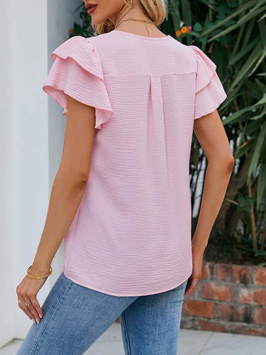 1753228 Blusas de cor sólida com mangas soltas com babados e decote em V texturizado com abertura lateral.&Scamisas Tops