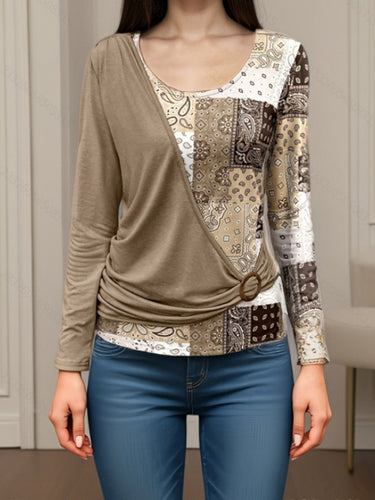 1722469 Irregularity Long Sleeves Asymmetric Buckle Contrast Color Pleated Split-Joint Round-Neck T-Shirts Tops