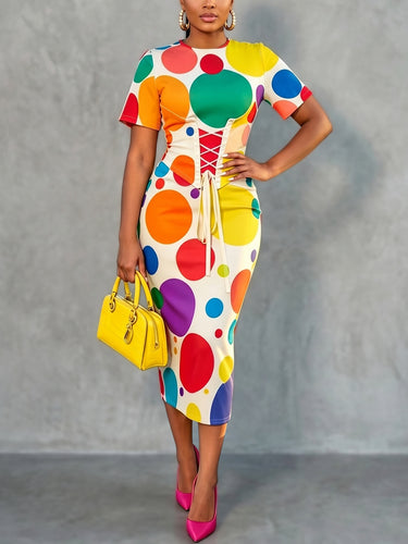 1779159 Bodycon Short Sleeves Colorful Contrast Color Polka Dot Split-Back Split-Joint Tied Round-Neck Midi Dresses