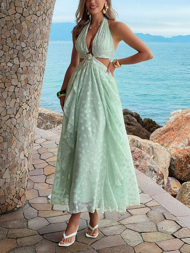 1788077 Tiered Split-Joint Solid Color Jacquard Backless Sleeveless High Waisted Halter-Neck Maxi Dresses