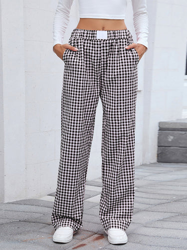 1748480 Elasticated Waist High Waisted Contrast Color Plaid Pockets Split-Joint Pants Trousers