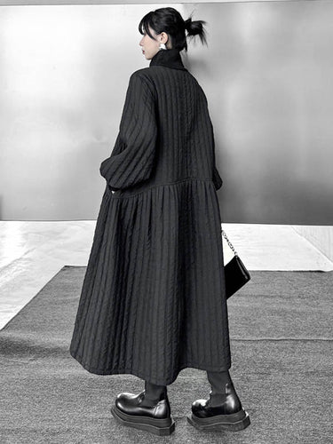 1720225 A-Line Long Sleeves Embossed Pockets Quilted Solid Color Split-Joint High Neck Midi Dresses Sweater Dresses