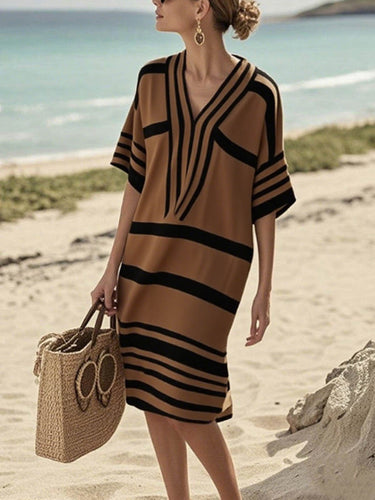 1782384 Half Sleeves Loose Contrast Color Split-Joint V-Neck Midi Dresses