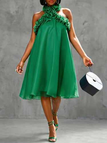 A-Line Loose Backless Solid Color Split-Joint Halter-Neck Midi Dresses