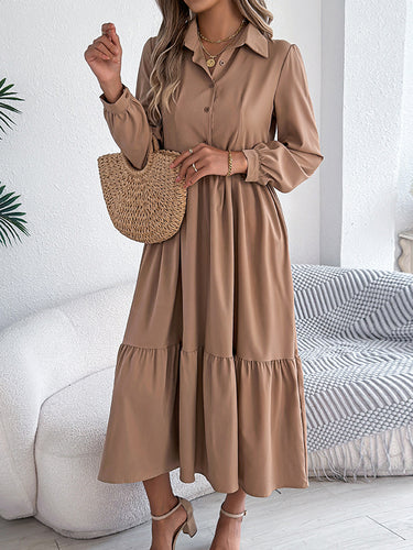1713662 High Waisted Long Sleeves Pleated Ruffled Solid Color Lapel Midi Dresses Shirt Dress