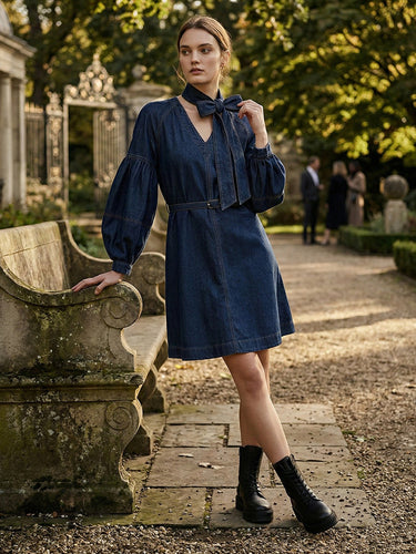 Long Sleeves Puff Sleeves Belted Bow-Embellished Solid Color V-Neck Mini Dresses