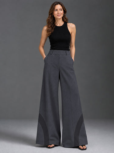 Split-Joint Pockets Elasticity Contrast Color Wide Leg High Waisted Trousers Pants
