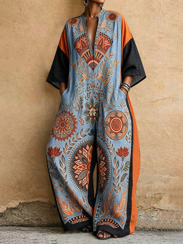 Split-Joint Pockets Flower Print Contrast Color Three-quarter Sleeves Loose V-neck Jumpsuits