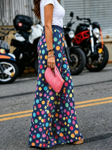 Pantalones de lunares con bolsillos elásticos de color en contraste de pierna ancha de talle alto Pantalones