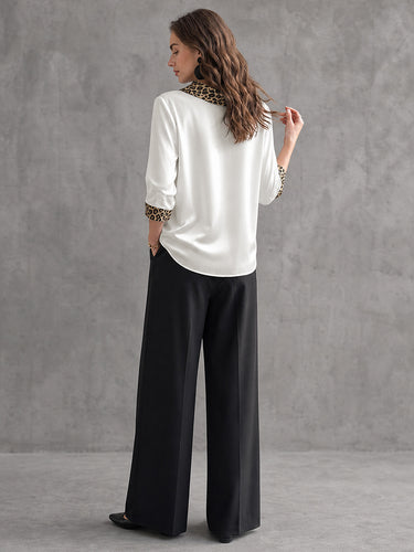 Split-Joint Leopard Contrast Color Three-quarter Sleeves Loose Heaps Collar Blouses&shirts Tops