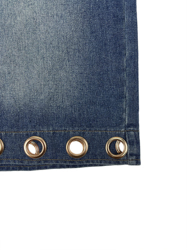 Cintura alta perna larga abotoada bolsos ocos cor sólida split-joint calças jeans bottoms shorts bottoms