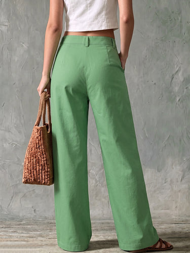 Solid Color Pockets Elasticity Buttoned Wide Leg High Waisted Trousers Pants