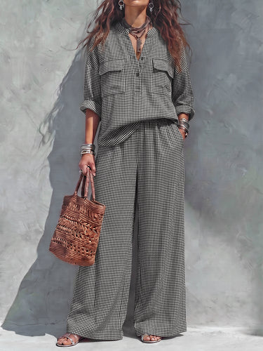 Pockets Plaid Contrast Color Buttoned Three-quarter Sleeves Loose V-neck Blouses&shirts Tops