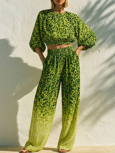High Waisted Wide Leg Contrast Color Elasticity Leopard Pockets Printed Pants Trousers