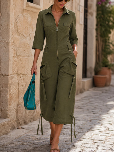 Zipper Tiered Solid Color Pockets Buttoned Three-quarter Sleeves Lapel Jumpsuits