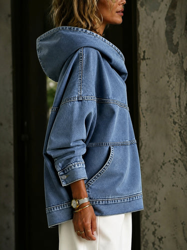Split-Joint Solid Color Pockets Loose Long Sleeves Hooded Hoodies&sweatshirt Tops