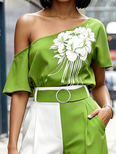 Blouses met korte mouwen, contrasterende kleuren en bloemenprint, en één schouder.&Shirts Tops
