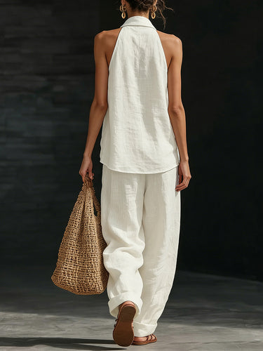 Ensemble deux pièces ample, couleur unie, col en v, débardeur sans manches + pantalon à poches
