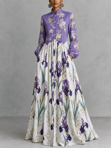Split-Joint Ruched Pockets Flower Print Contrast Color Buttoned Loose Long Sleeves Stand Collar Maxi Dresses