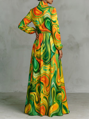 Printed Pockets Pleated Contrast Color Loose Long Sleeves Stand Collar Maxi Dresses