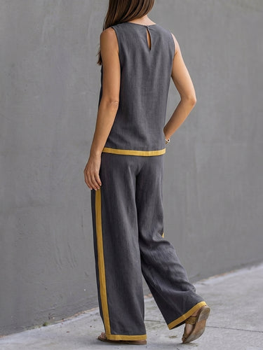 Contrastkleurige broek met hoge taille + mouwloze top met ronde hals, tweedelige set
